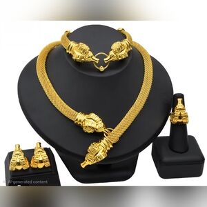 Gold Tone Jewelry Set Necklace, Bracelet,Earings, Ring Size 9 (Dubai‎ Jewelry)